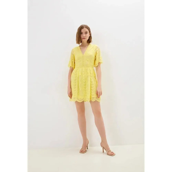 Socialite Yellow Lace Mid Length Dress S Small - Picture 2 of 7